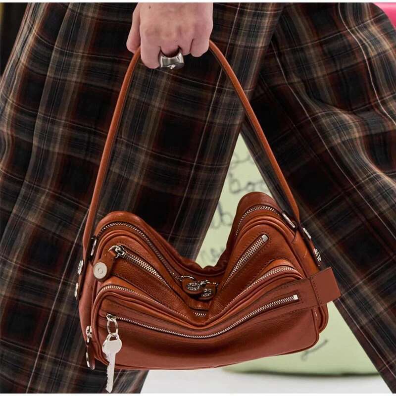 Vintage Genuine Leather Small Square Fashion Metal Key Design Women Handbag Y2k Versatile Zipper Ladies Shoulder Bag