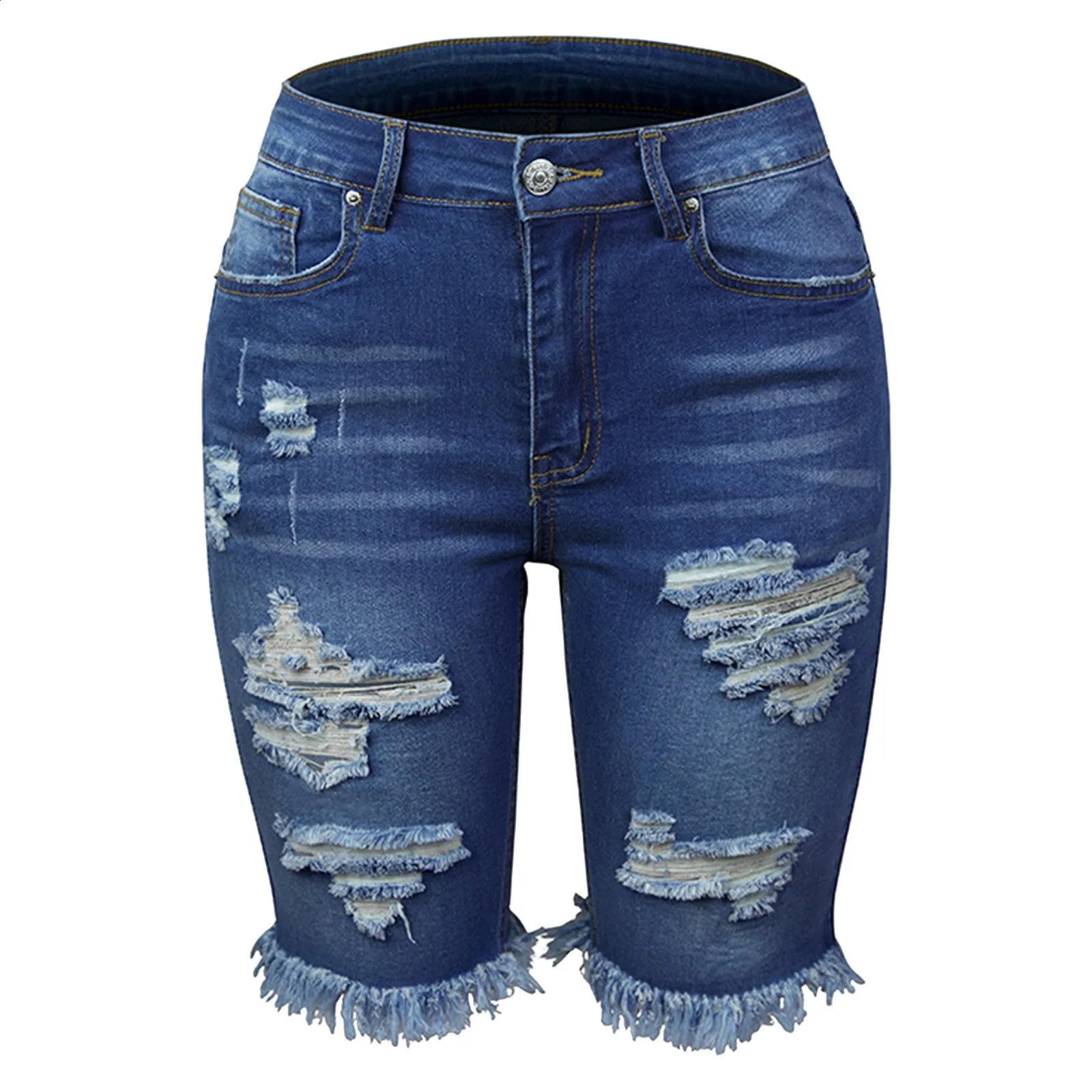 Plus Size Summer Denim Shorts Women Rhinestone Mid Waist Ripped Frayed Hem Tessles Stretchy Jean Shorts Womens Summer Shorts 250411