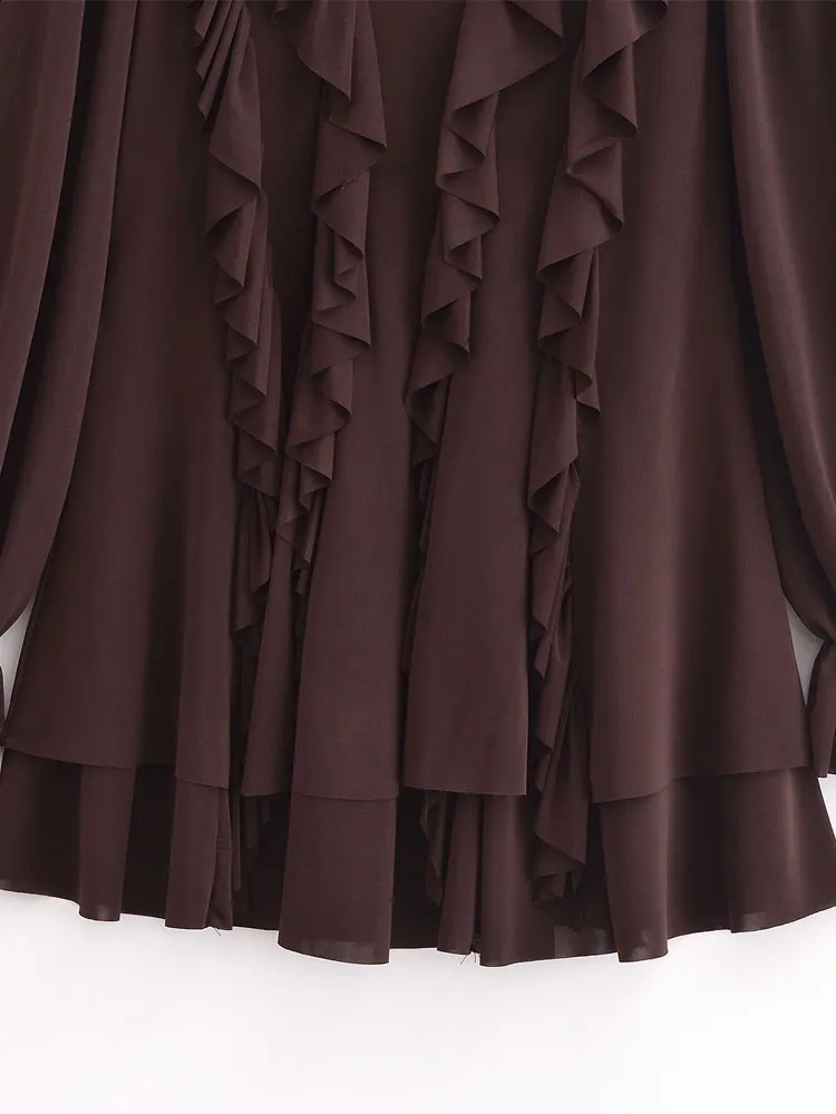 TRZA Ruffle Mini Womens Tie ONeck Long Sleeve Fashion Vestidos Unprinted Good Product 250411