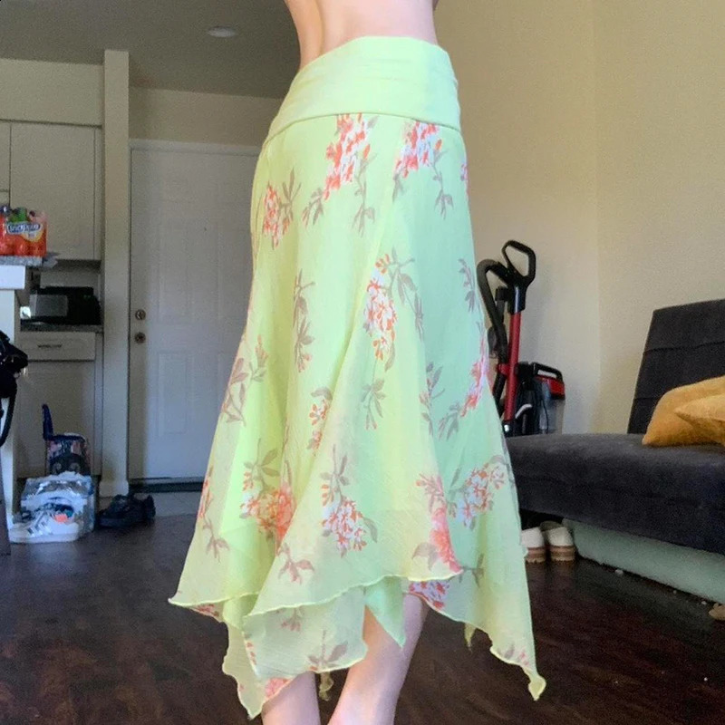 Darlingaga Holiday Style Floral Printing Asymmetric Hem Dresses Women Summer Colorful Fold Low Waist Mesh Sundress Bottoms 250407
