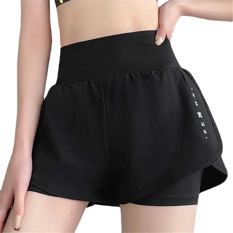 Womens high waisted sports shorts yoga tennis running Pilates bottom tight pockets fake two-piece sports pants Y250412