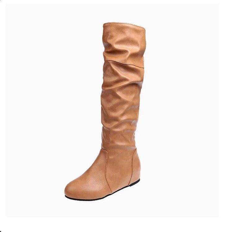Women Flat Boots Fashion Pleated Leather Boots Autumn Spring Slip on Mid-Calf Shoes for Women Black Winter High Boots Large 250411