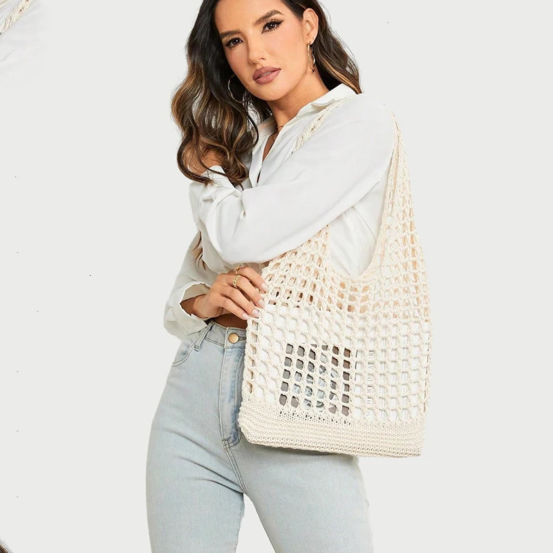 Fashion Crochet Bags for Women Summer Beach Tote Bag Aesthetic Handbag Bohemian Woven Knit Shoulder Bag 251112