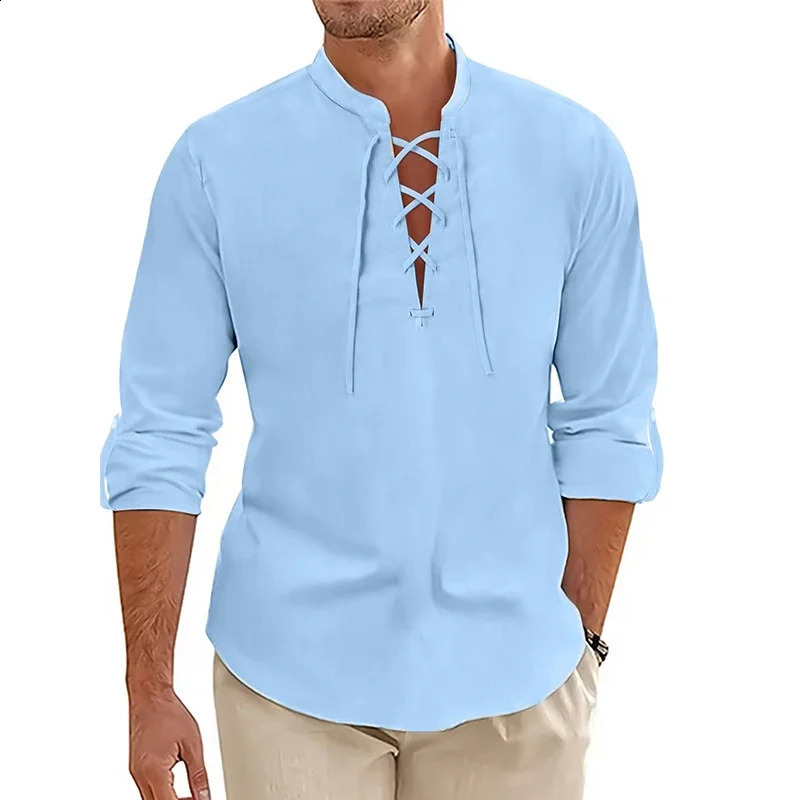 Mens Casual Long Sleeved TShirt Autumn Medieval Vintage Cotton Linen Shirts Halloween Streetwear Breathable Lace-up Streetwear 250411