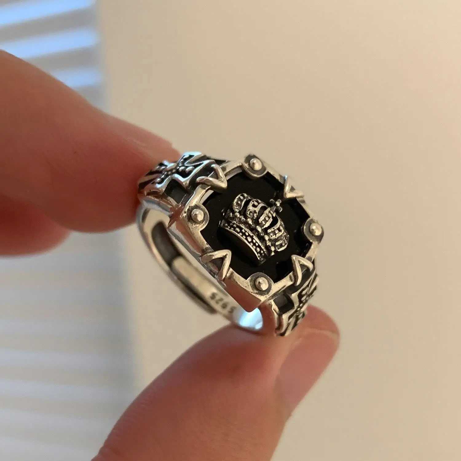 Bestsellers! Retro S925 Thai Silver Crown Hip Hop Heavy Industrial Dark Open RingXJ250412