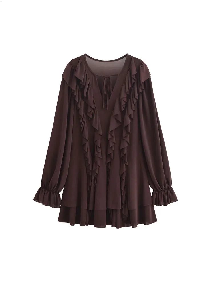 TRZA Ruffle Mini Womens Tie ONeck Long Sleeve Fashion Vestidos Unprinted Good Product 250411
