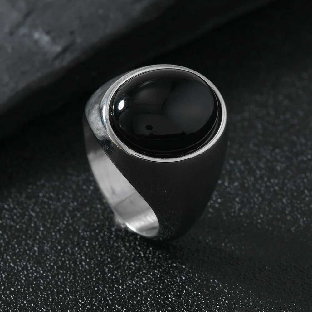 HNSP 316L stainless steel oval natural stone ring suitable for men women fingers vintage jewelry black green tiger eye stone ringsXJ250412