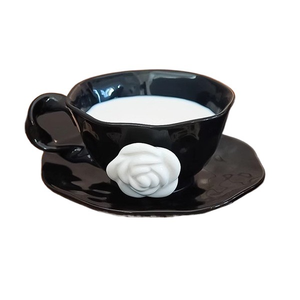 Designer Irregular Camellia Bone China Luxury Cup Set, Elegant Coffee Cups, High-End Ceramic Mugs with Saucers, Complete Set, Sophisticated Gift