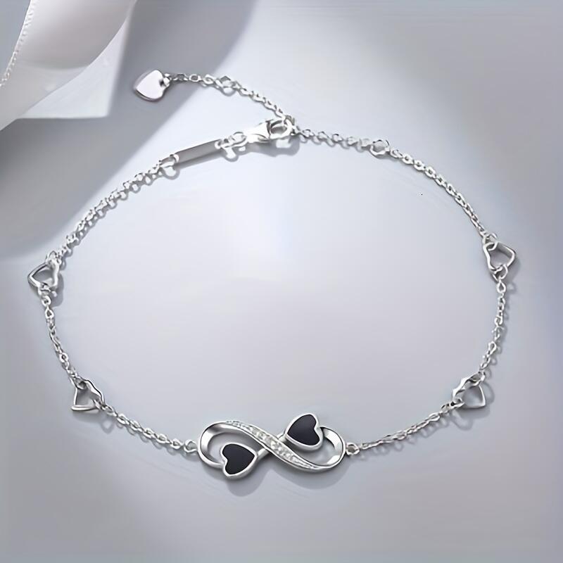 Infinite Love Heart Anklet - Sterg Sier with Black Enamel Hearts