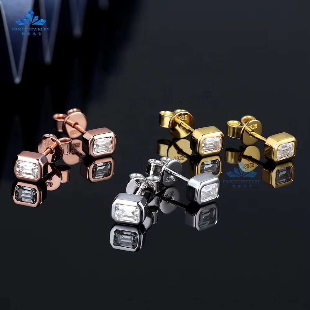Wholesale Fine Jewelry Earrings Silver 925 Sterling Women Charm Moissanite Diamond Stud 3x4MM Emerald Moissanite Earrings