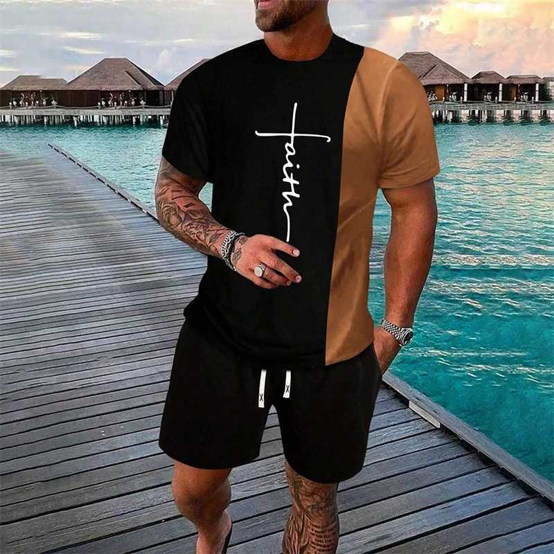Simple cross print summer casual short sleeved set T-shirt color round neck short sleeved mens 2-piece setXJ250412