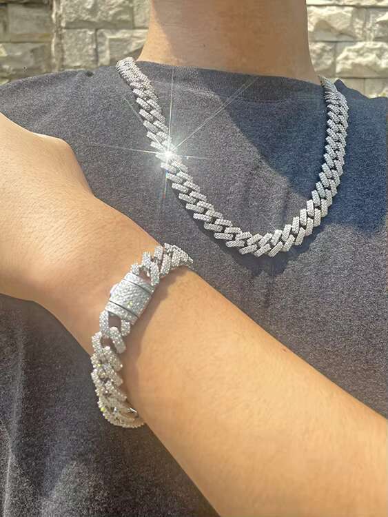 Yu Ying Gold Plated 13mm Wide Iced Out Moissanite Diamonds 2 Rows Cuban Link Chain Bracelet S925 Sterling Silver Jewelry
