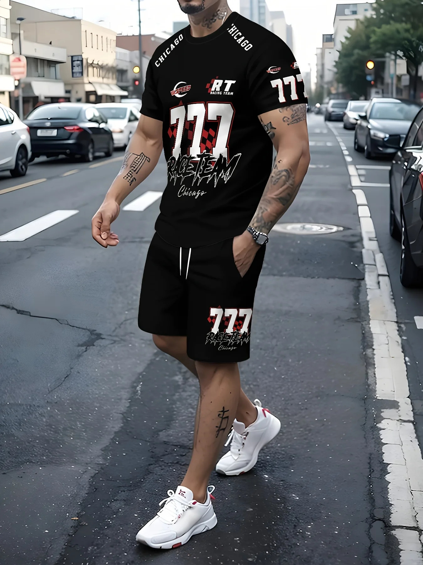 2025 summer 3D printed mens suit Chicago 777 Printed T-shirt Mens short-sleeved tracksuit Football T-shirt plus shorts 250407