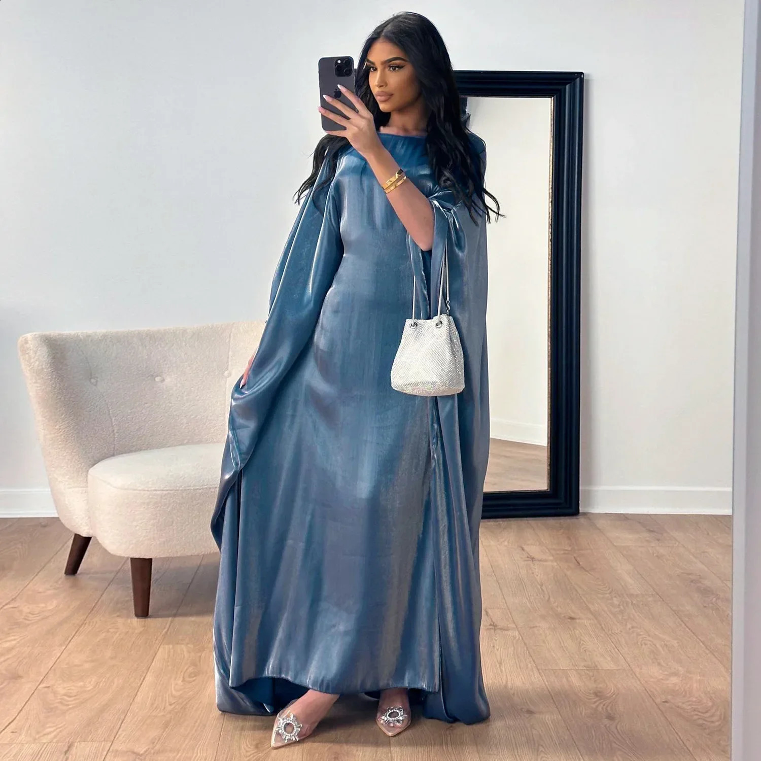 Ramadan satin Abaya Muslim Summer Batwing Sleeve Abayas Womens Kaftan Robe Dress Long 250411