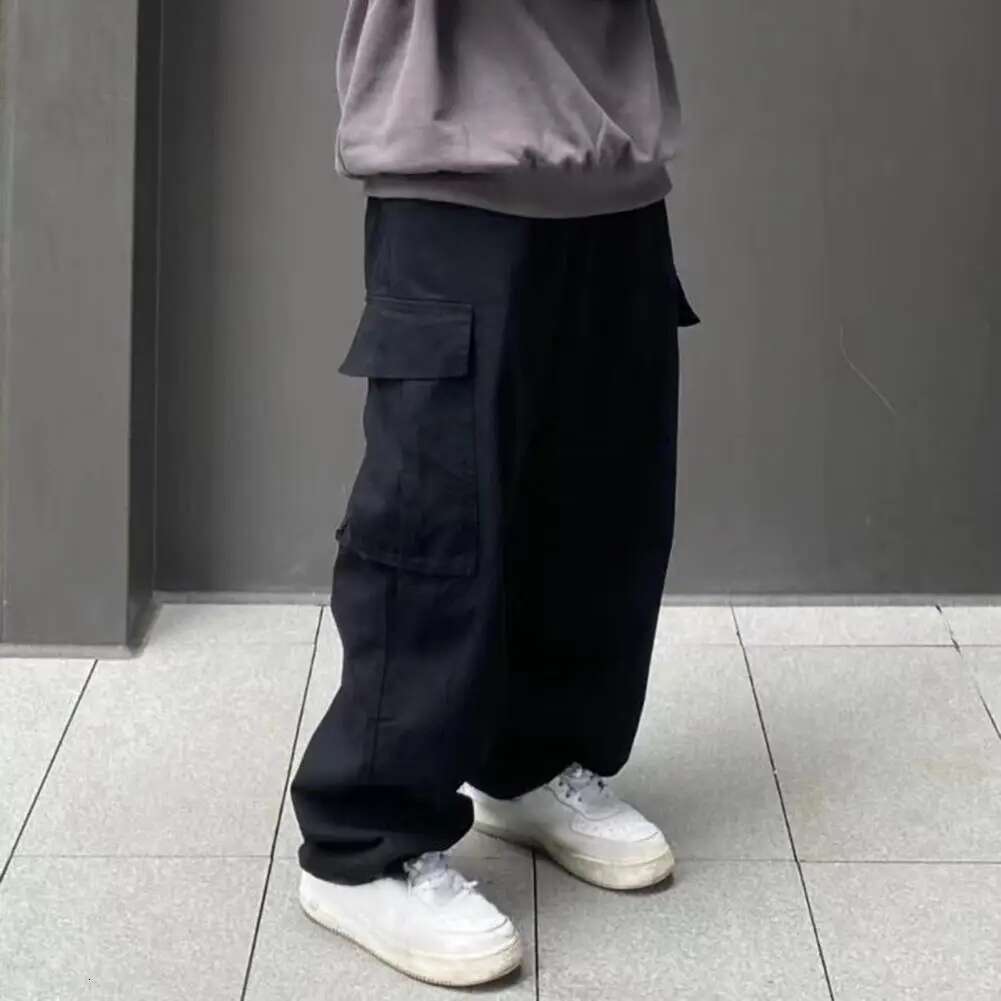 Cargo Pants Retro Solid Color Elastic Waist Wide Leg Multi Pockets Men Straight Deep Crotch Male Long Trousers