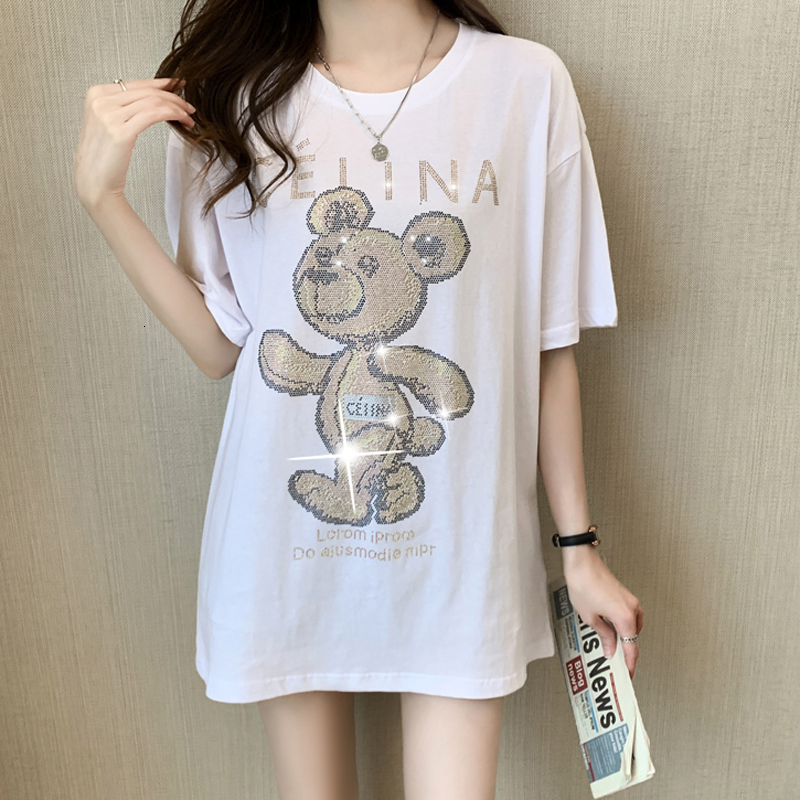 Designer Women's Hot Diamond T-shirt Summer Bear Pattern Black Women's Short Sleeve Combed Cotton Loose Medium To Long Version Instagram Fas