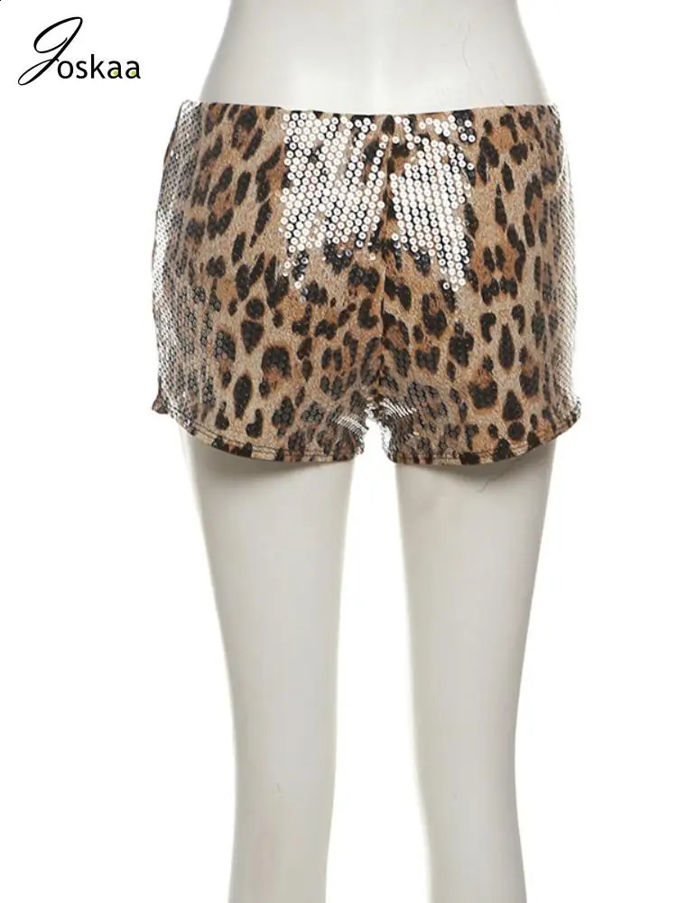 Joskaa Sequins Leopard Print Shorts Women Hipster Sexy Low Waist Stretch Pants Autumn Midnight Club Bottoms Y2K Streetwear 250409