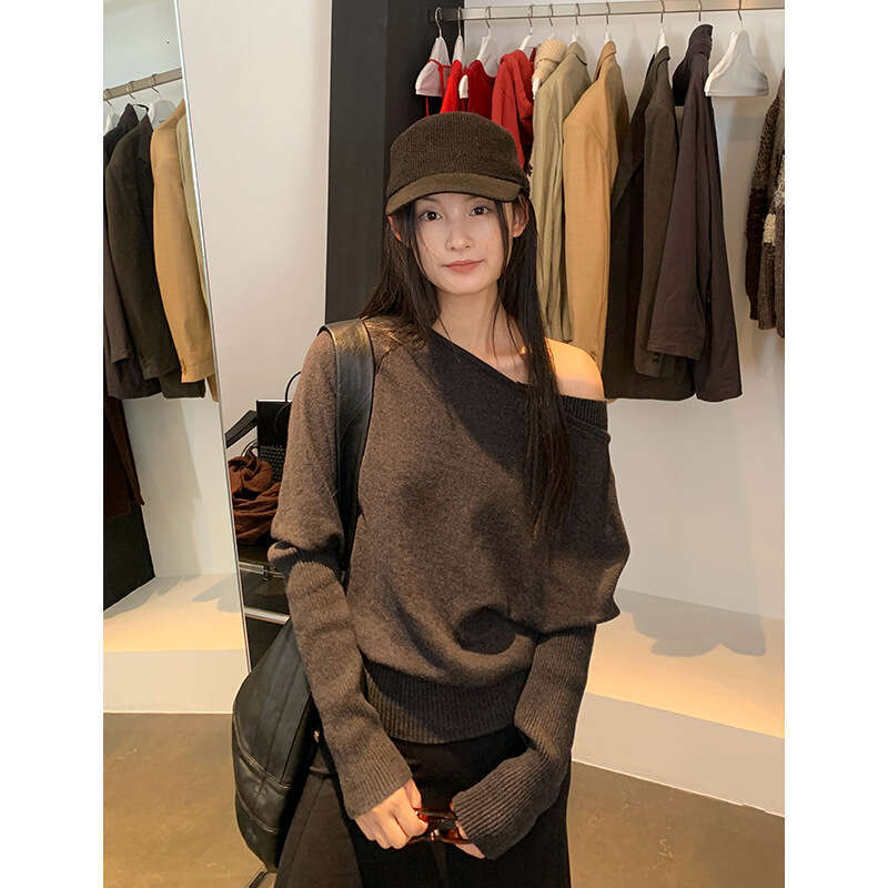 Nantao Lazy Style Off-Shoulder Cashmere Sweater Autumn New Long Sleeve Inner Wear Asymmetrical Knitted Top for Women