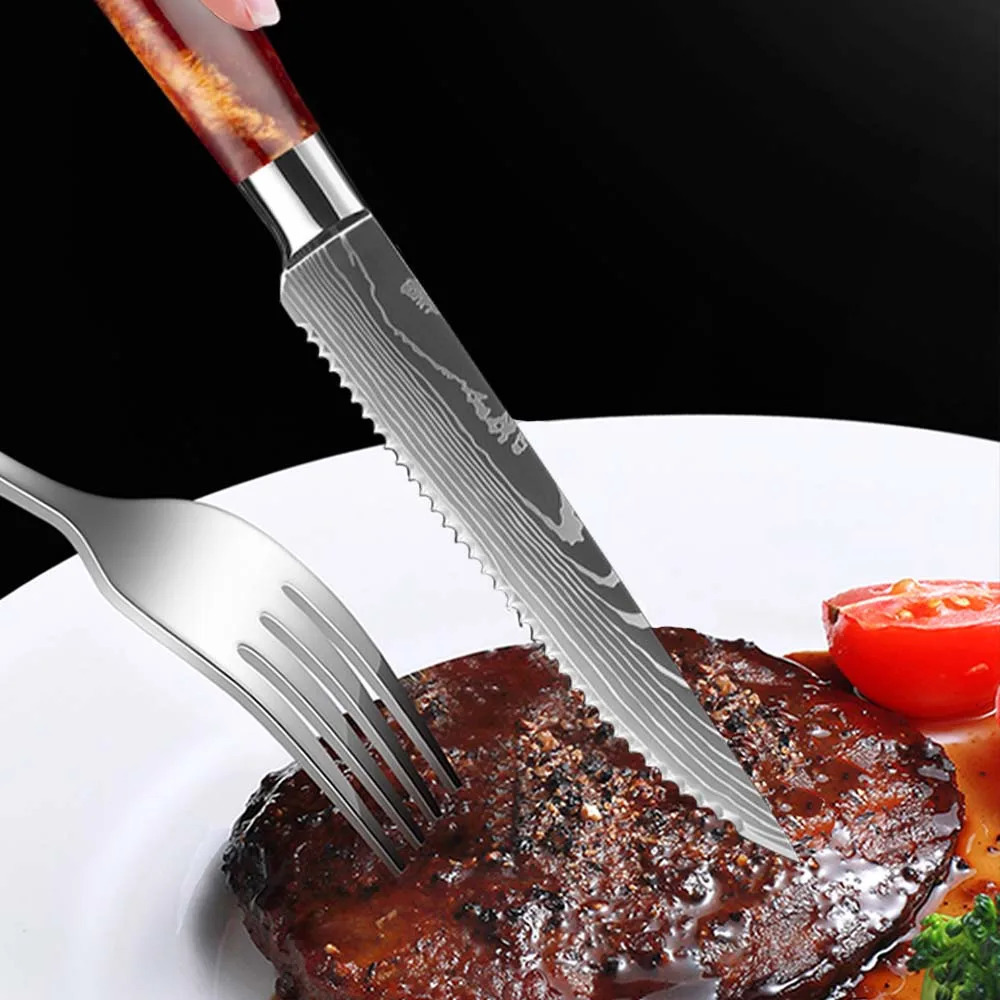 3/6/8 Pcs Steak Knives Set Damascus Stainless Steel Cleaver Slicing Knife Wood Handle Outdoor BBQ Picnic Meat Cutter 250410