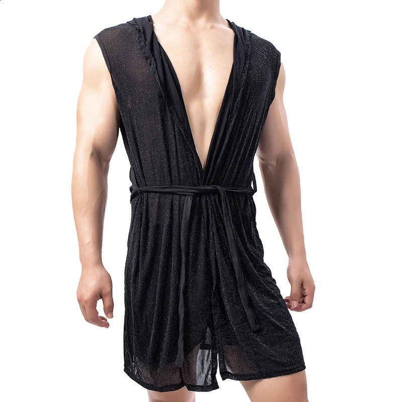 Men Sexy Pajamas Sleepwear Silk Pijama Hombre Hooded Bathrobe Men Bath Summer Dress Bath Robe 250409