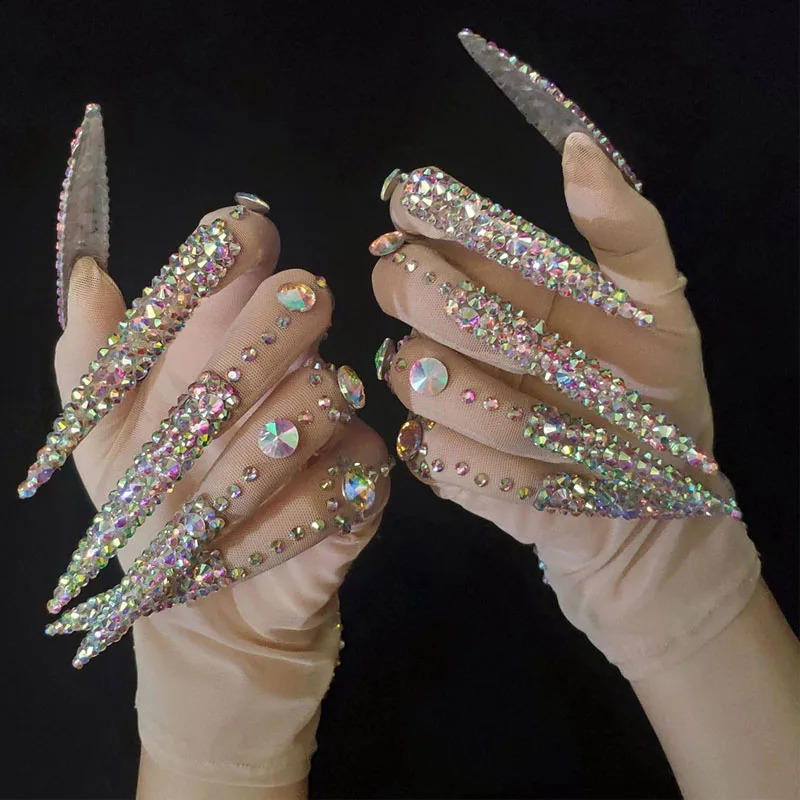 AB Rhinestones Pearls Plus Length Nails Gloves Women Fashion Drag Queen Outfit Nightclub Stage Performance Accessories 250408