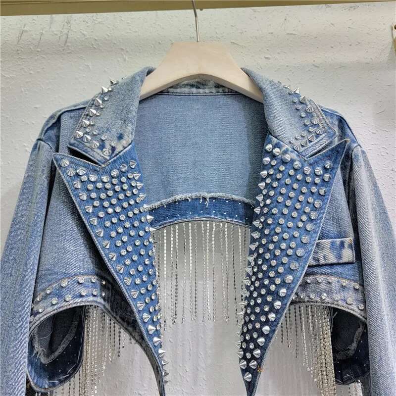 Rhie Beaded Tassels Rivets Denim Jacket Short Crystal Fringed Backless Jeans Coat Dias Cowboy Cardigan Sequins Tops