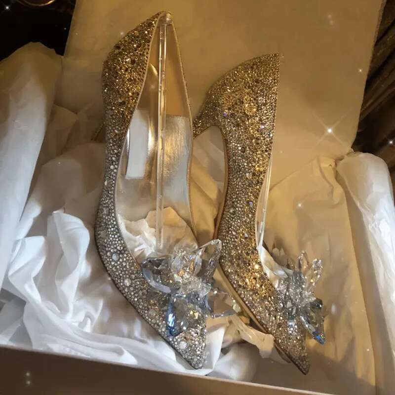 2025 Crystal Gold Dress Bridal Sier Pointed High Heels Stiletto Bridesmaid Shallow Mouth Wedding Shoes Women
