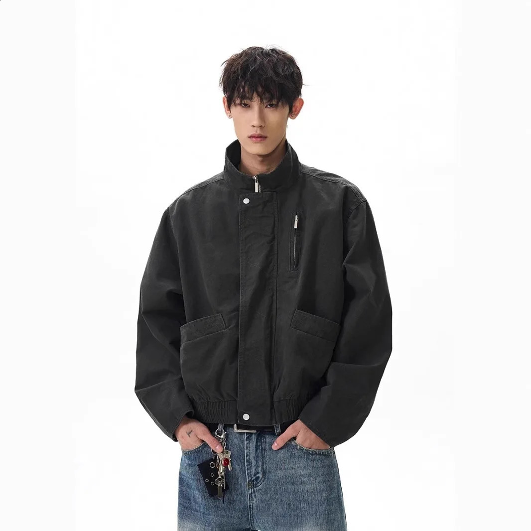 Spring and autumn mens casual trend washed retro stand up collar zipper canvas jacket American fashion retro bomber jacket 250411