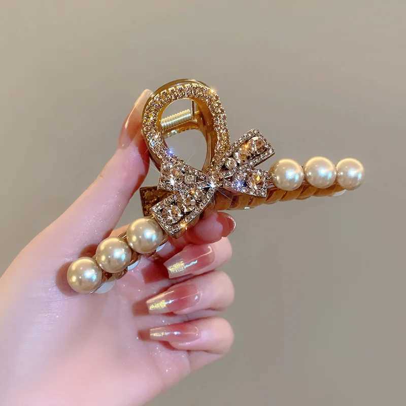 2024 Fashion Korean Edition Pearl Crystal Bow Horse Tail Claw Clip Girl Hair Accessories Y2504012