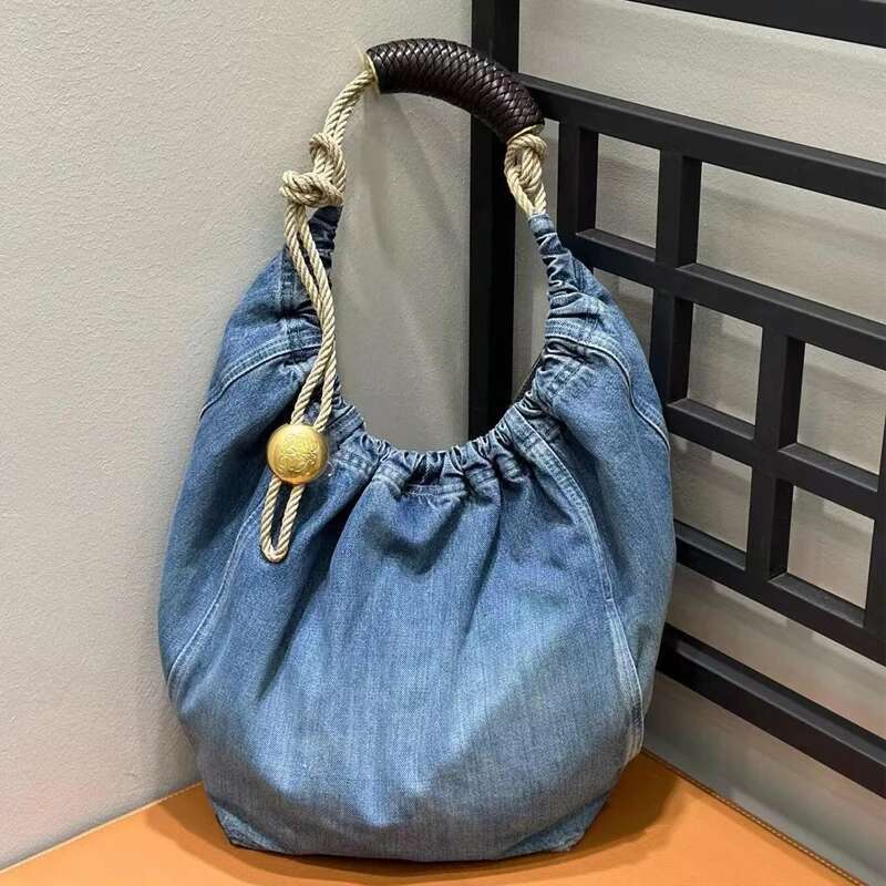 Drawstring Bucket Bags For Women Designer Handbags Purses 2024 New In Fashion Denim Large Capacity Pleated Shoulder Tote