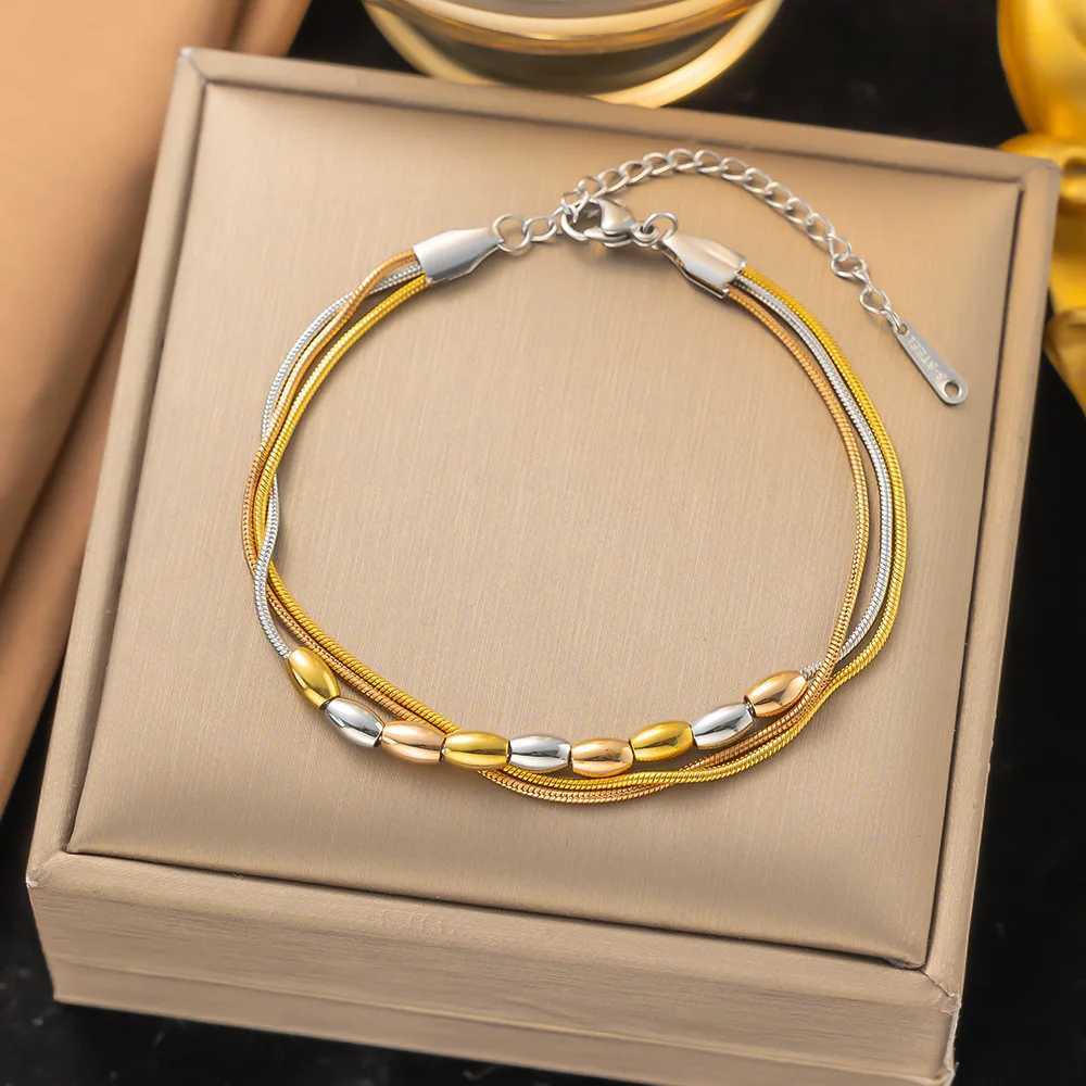 316L Stainless Steel New Fashion Fine Jewelry Minimalism 3-Layers 3 Colors Bead String Charm Chain Bracelets For WomenC250411
