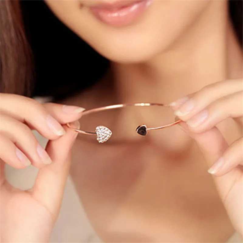 2019 Hot New Fashion Adjustable Crystal Double Heart Bow Bilezik Cuff Opening Bracelet For Women Jewelry Gift Mujer PulserasC250411