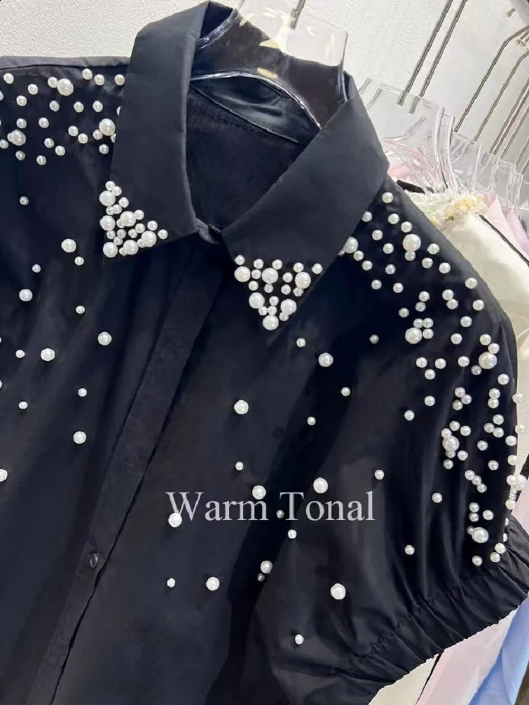 High-end Pears Beads Stitch Loose Casual Black Cotton Shirts Blouses For Women 2025 Summer Short Sleeve Mid-length Tops Clothes 250411