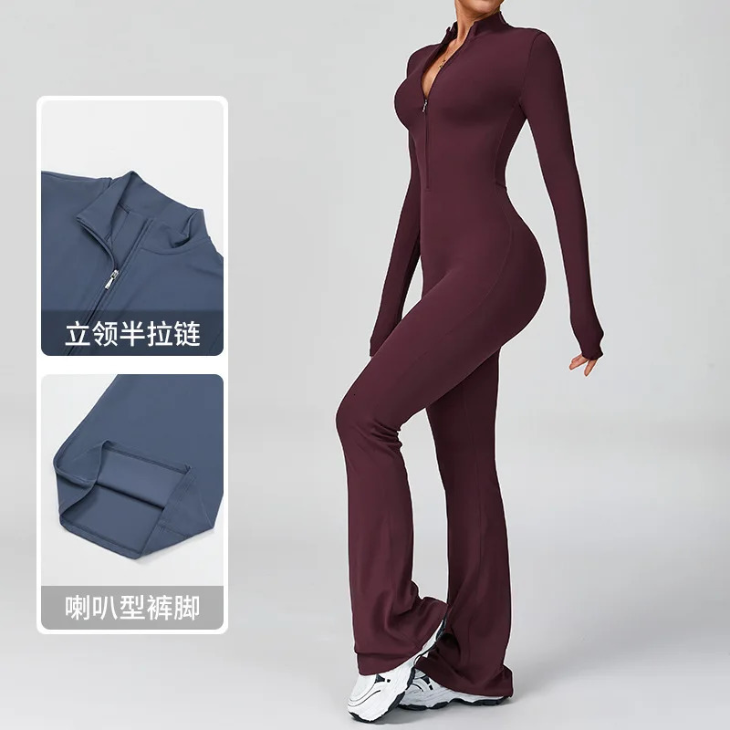 Women Tracksuit Zipper Flared Jumpsuits Yoga Suit OnePiece Sport Fitness Workout Set Stretch Bodysuit Gym Push Up Sportswear 251129