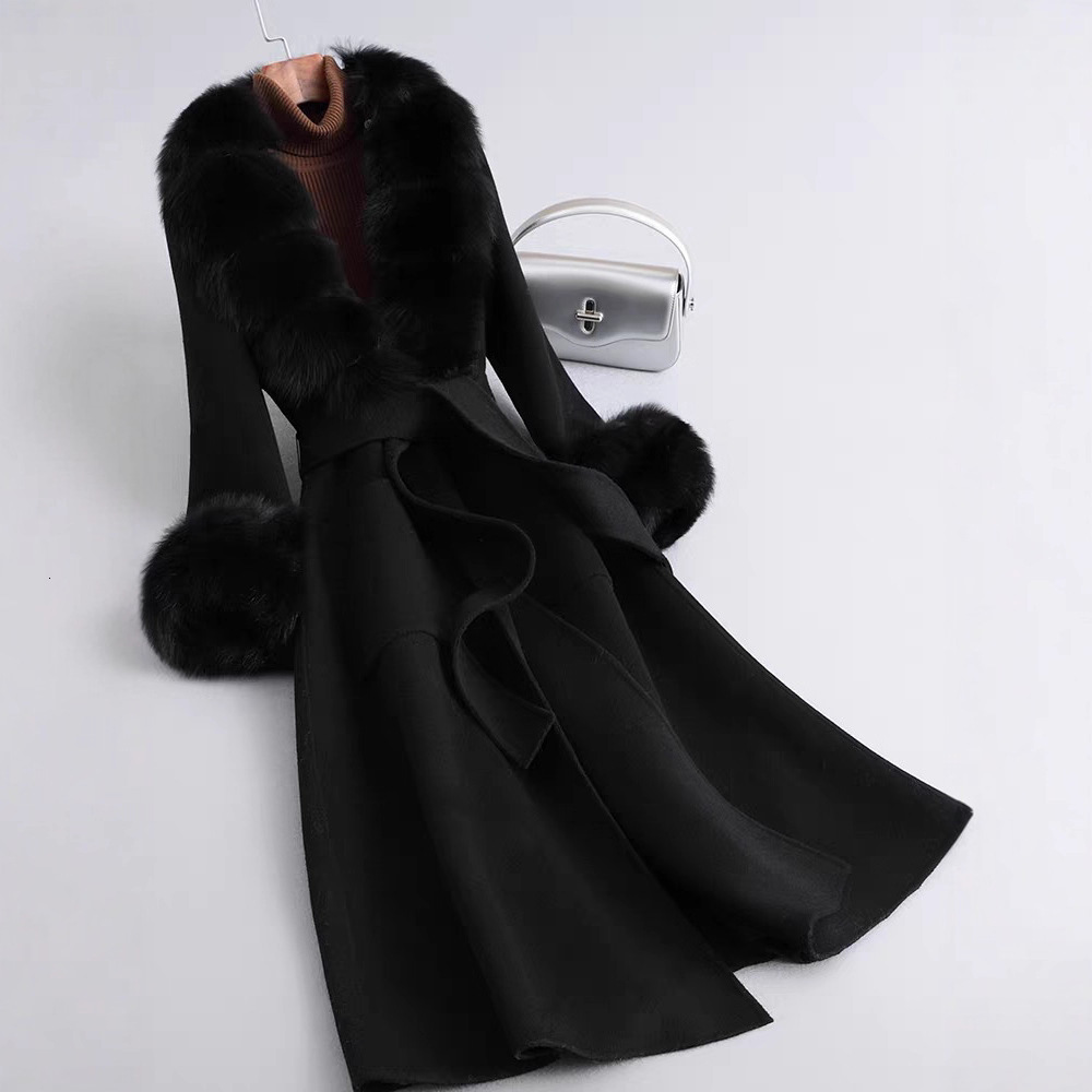 Fashionable womens winter handmade double-sided 100% wool red real fox fur collar long warm womens wool coat 241205