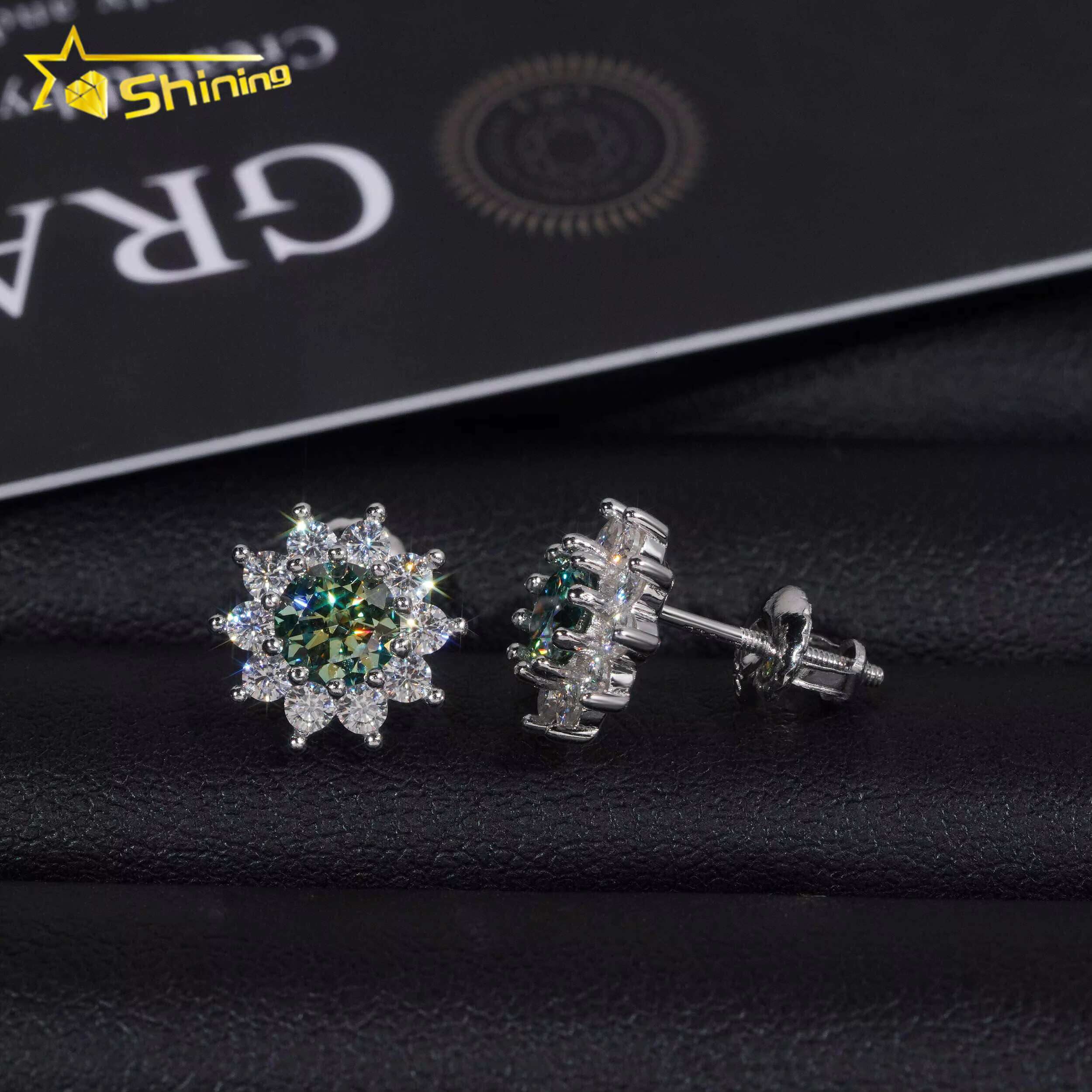 Fine Jewelry 925 Sterling Silver Screw Back Blue Green Moissanite Diamond Sunflower Hip Hop Stud Earrings