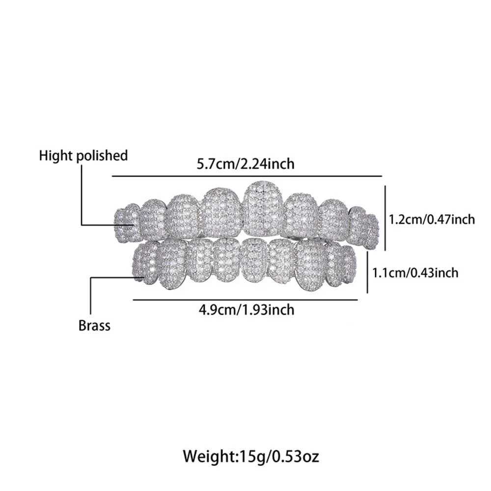 Rachelz 10/10 Ice CZ Stone Teeth Grillz Top Bottom Gold Silver Zircon Tooth Hat for Womens Jewelry Party Gifts W250412