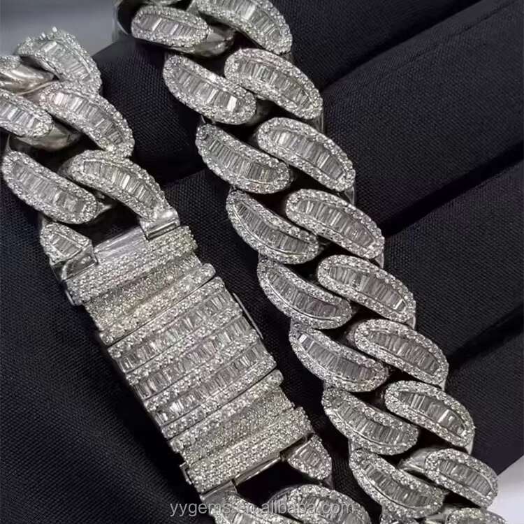 New Arrival Baguette Moissanite Cuban Link Chain Rapper Necklace 18mm S925 Silver VVS Baguette Moissanite Cuban Chain for Men