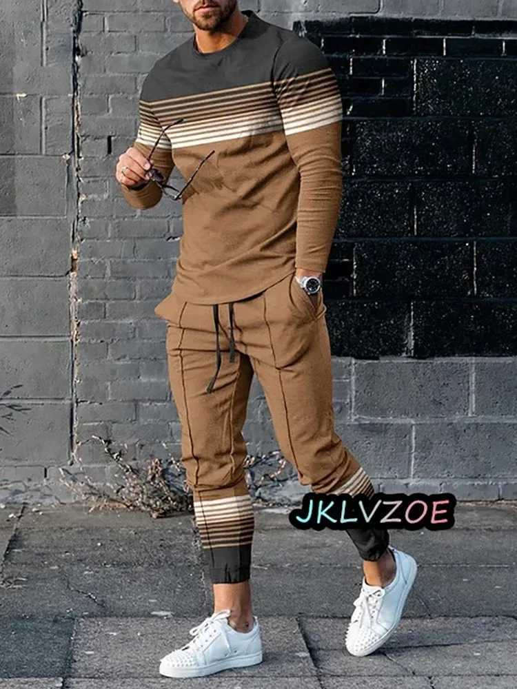 Autumn mens track suit set printed long sleeved T-shirt Trouser 2-piece set 3D striped streetwear oversized casual setXJ250412