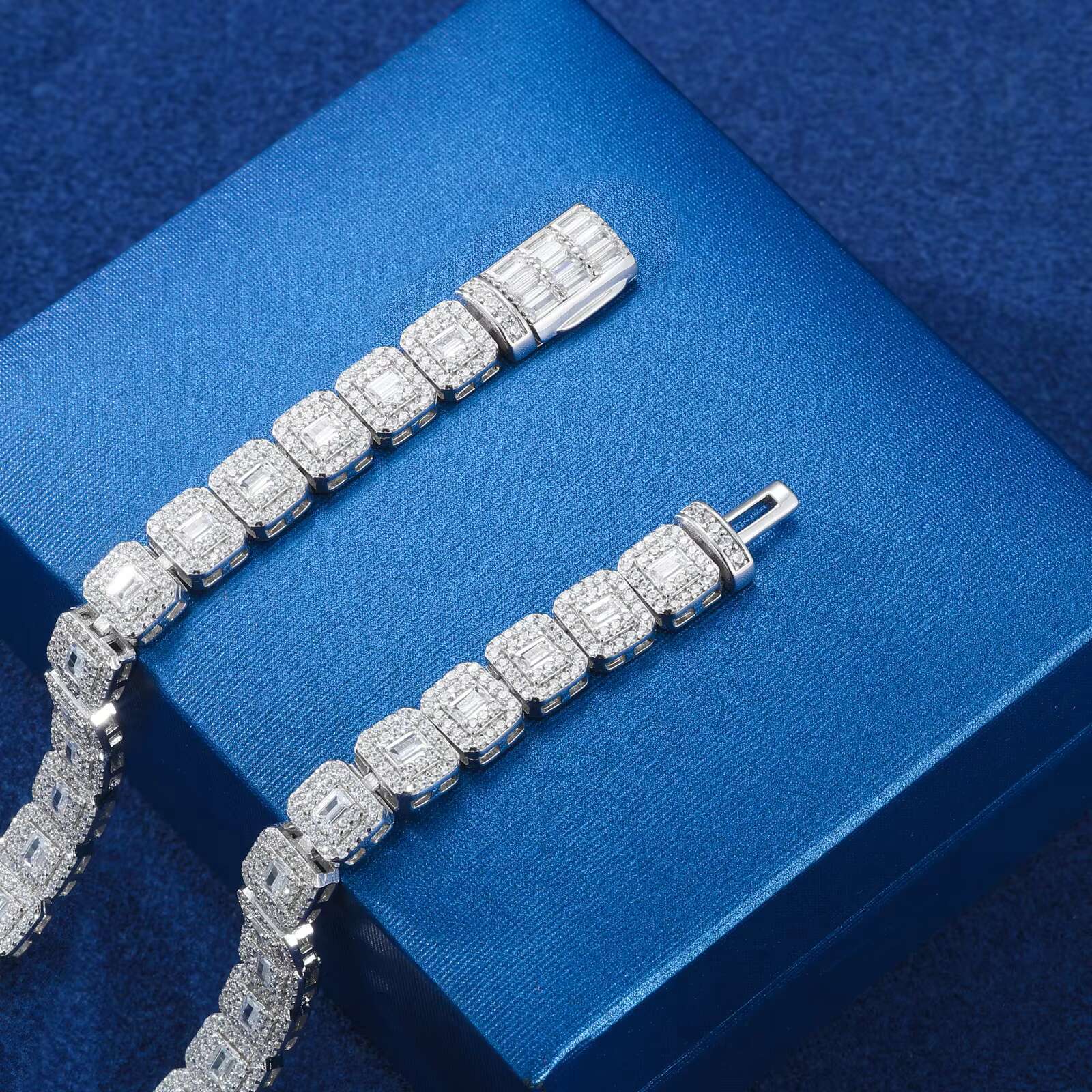 New Arrival Stylish Jewelry 7.5mm 925 Sterling Silver VVS Baguette Moissanite Diamond Geometric Iced Out Tennis Chain Bracelet