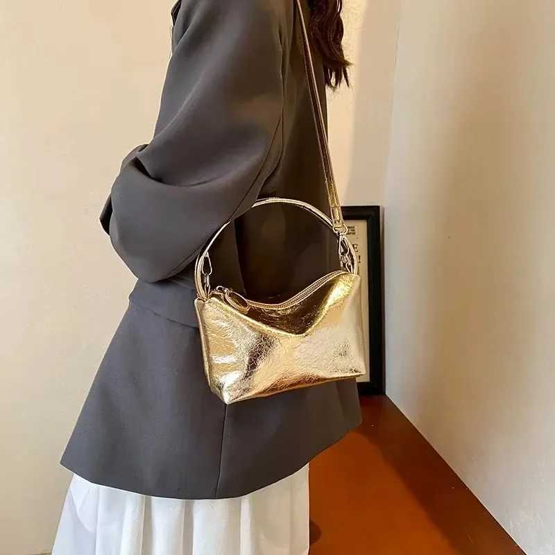Golden Sier Leather Cross Body Bag for Womens Luxury 2024 Y2k Korean Fi Underwear Shoulder Bag for Womens Bucket Handbag BrandXJ250412
