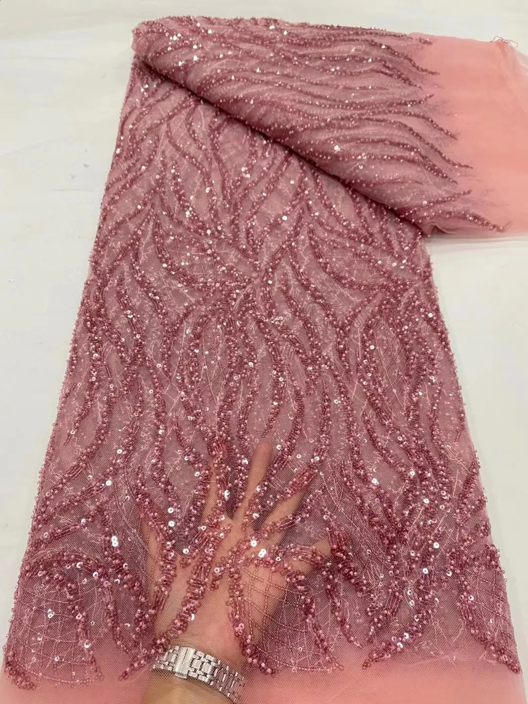 African Lace Fabric With Bead And Sequin High Quality French Tulle Embroidery lightweight Mesh Material For Banquet dress 250407