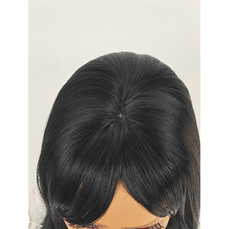 Shoulder-Length Layered With Bangs -14 Inch Peek-a-boo Color Black Mix Brown Mid-Length Wavy For Natural black Women, Heat Resistant Synthetic Hair Re