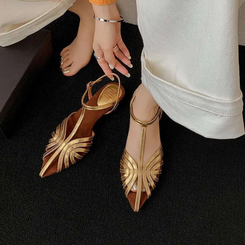 Designer Women Narrow Band Sexy Sandals Kitten Heels Pointed Toe Ladies Concise Footwear Summer Golden Shoes