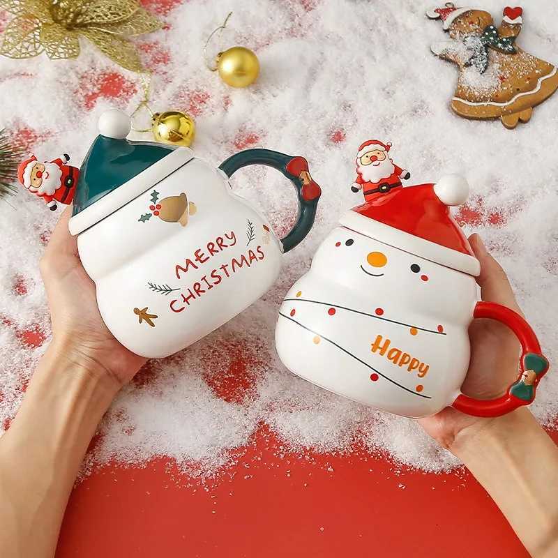 Christmas Creative Christmas gifts Ceramic cups with LIDS spoons large capacity snowman mugs Santa Claus water cups Y251112