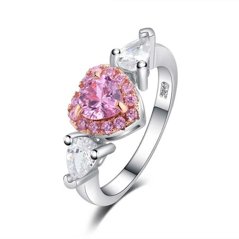 New Classic Silver Womens Ring Set with Zircon Pink Crystal Engagement Women Shining Jewelry Heart Womens GiftXJ250412