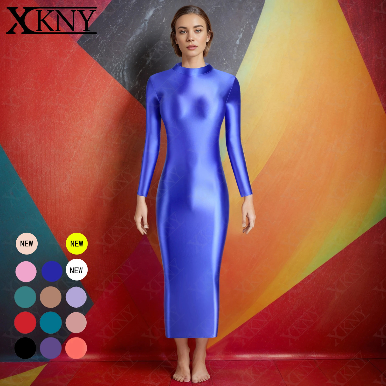 XCKNY Glossiness series dress high neck long sleeved silk elastic tight fitting sports sexy 250411