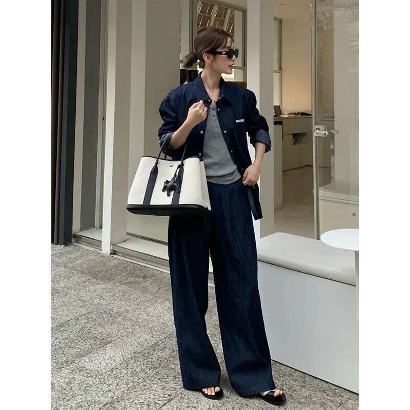 Denim Pant Women Two Piece Set Shirts Tops Matching Sets Y2k Streetwear Single Breasted Long Pants Jeans Casual 2025