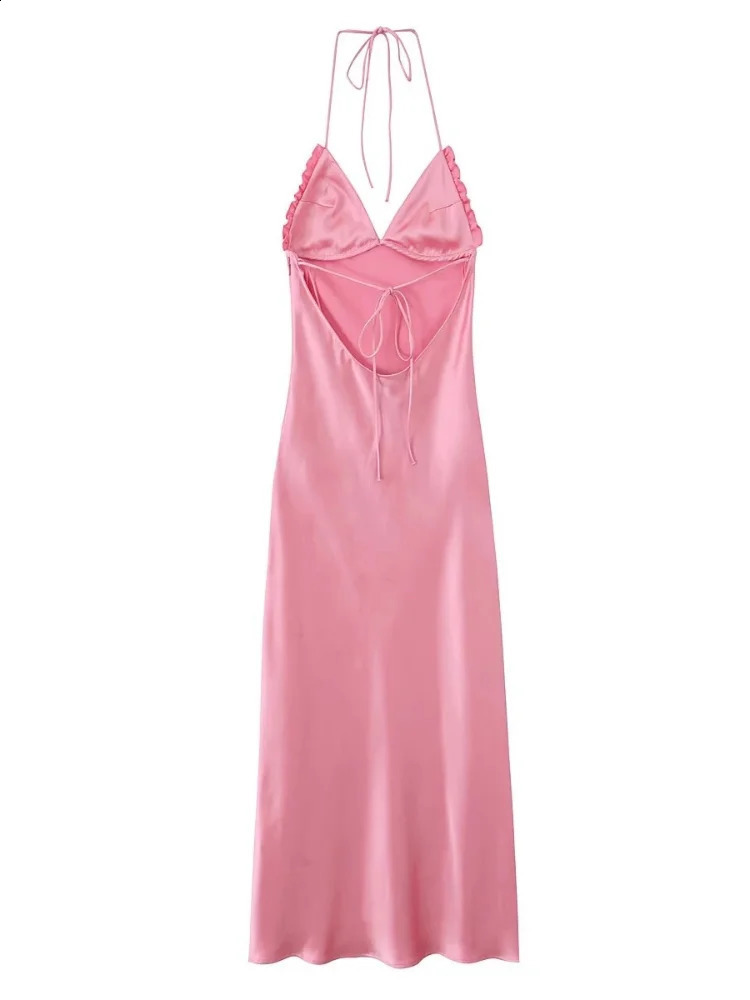 Womens pink satin camisole Maxi dress fashionable sleeveless backless high waisted slim fit long dress womens evening gown 250408
