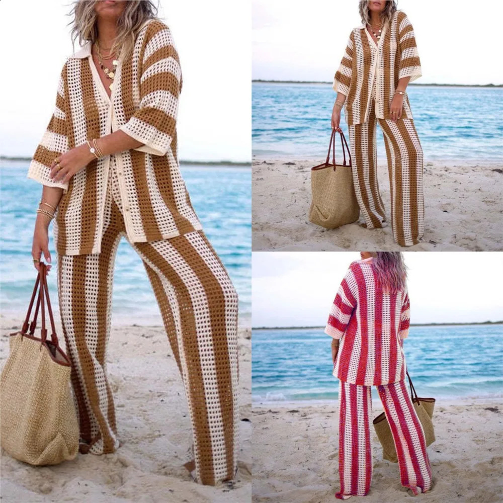 Women Hollow Knit Lapel Long-sleeve Suit Summer Striped Color Matching Loose Casual Knitted Wide Leg Pants 2piece Set Female 250411